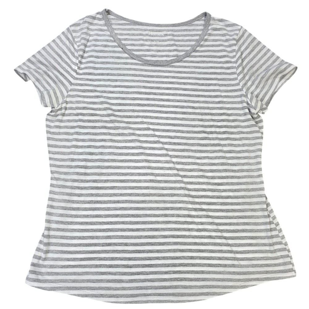 Hanes Striped Short Sleeve‎ T-Shirt Women's Size Large Gray White Scoop Neck